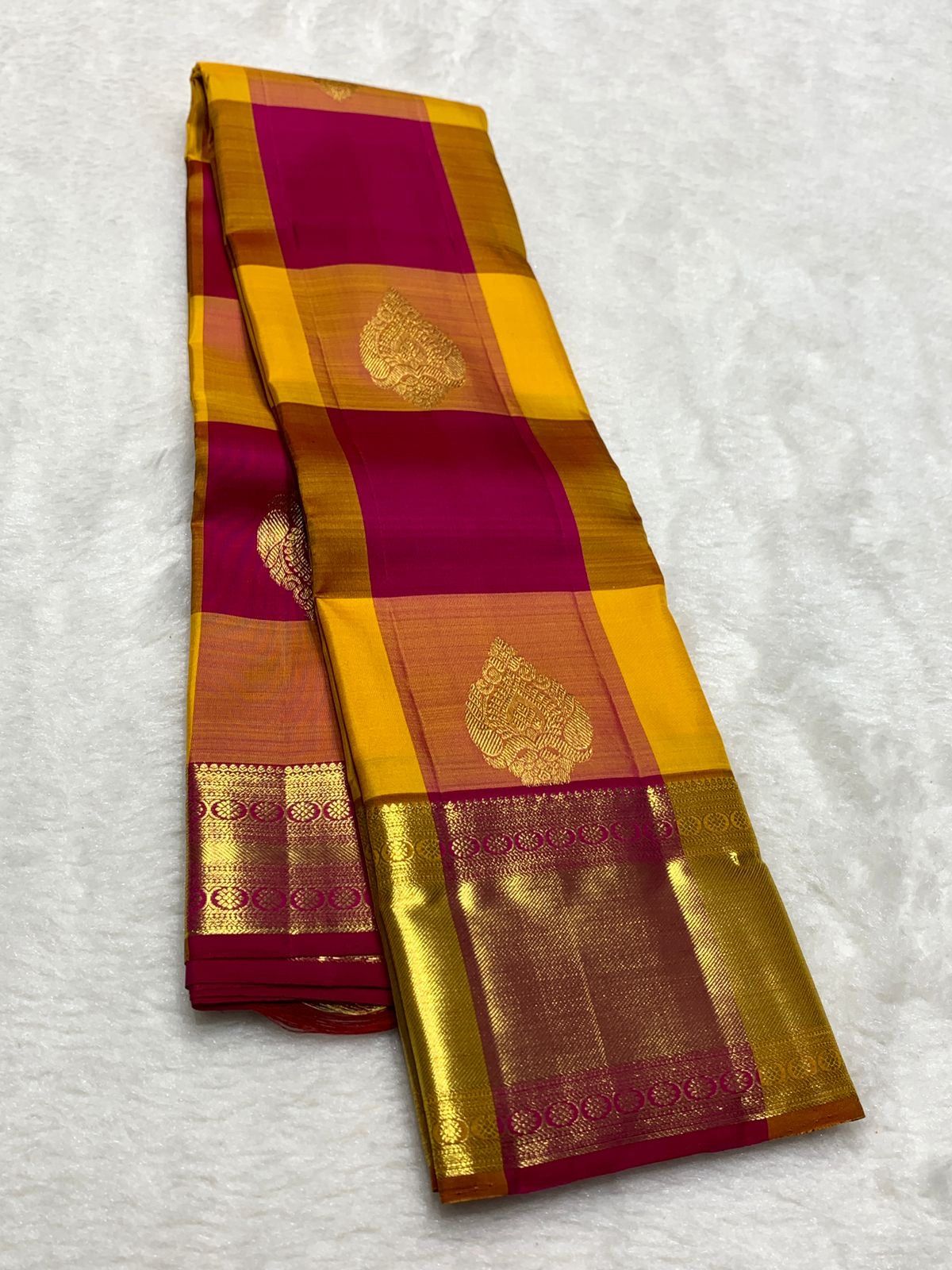 Classic Mustard & Pink 2gm Zari Kanchipuram Handloom Silk Saree SS25570