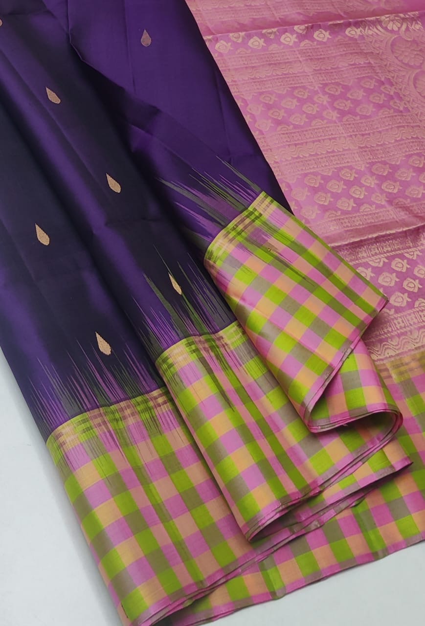 Classic Violet Indigo & Light Green 2gm Zari Elegance Handloom Soft Silk Saree SS24136