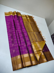 Fuchsia Purple & Mustard Double Warp Elegance Handloom Soft Silk Saree SS22184