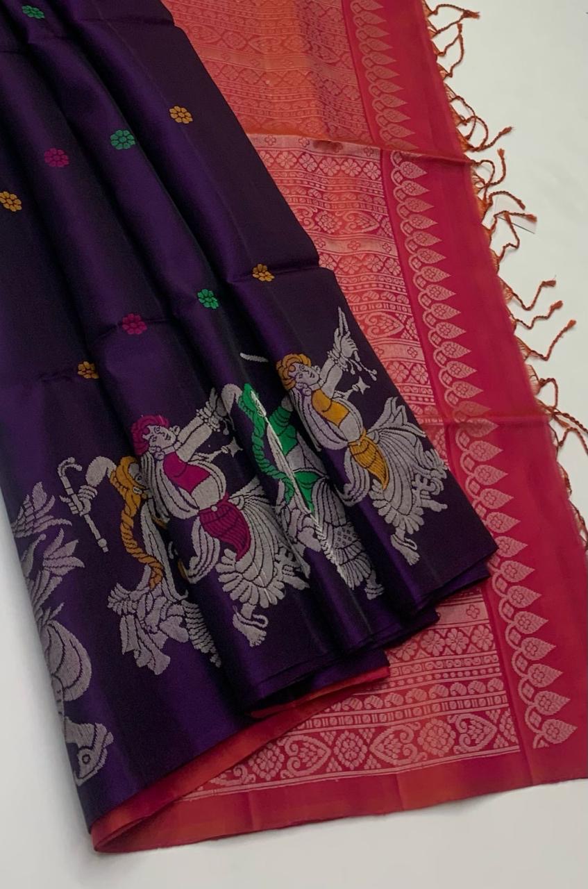 Classic Eminence Violet & Brick Rose Elegance Handloom Soft Silk Saree SS24551