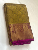 Load image into Gallery viewer, Classic Olive Green &amp; FuchsiaPink 2gm Zari Bridal Elegance Kanchipuram Handloom Silk Saree SS27348
