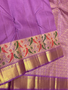Classic Lilac 2gm Zari Paithani Vaira Oosi Checks Kanchipuram Handloom Silk Saree SS26504