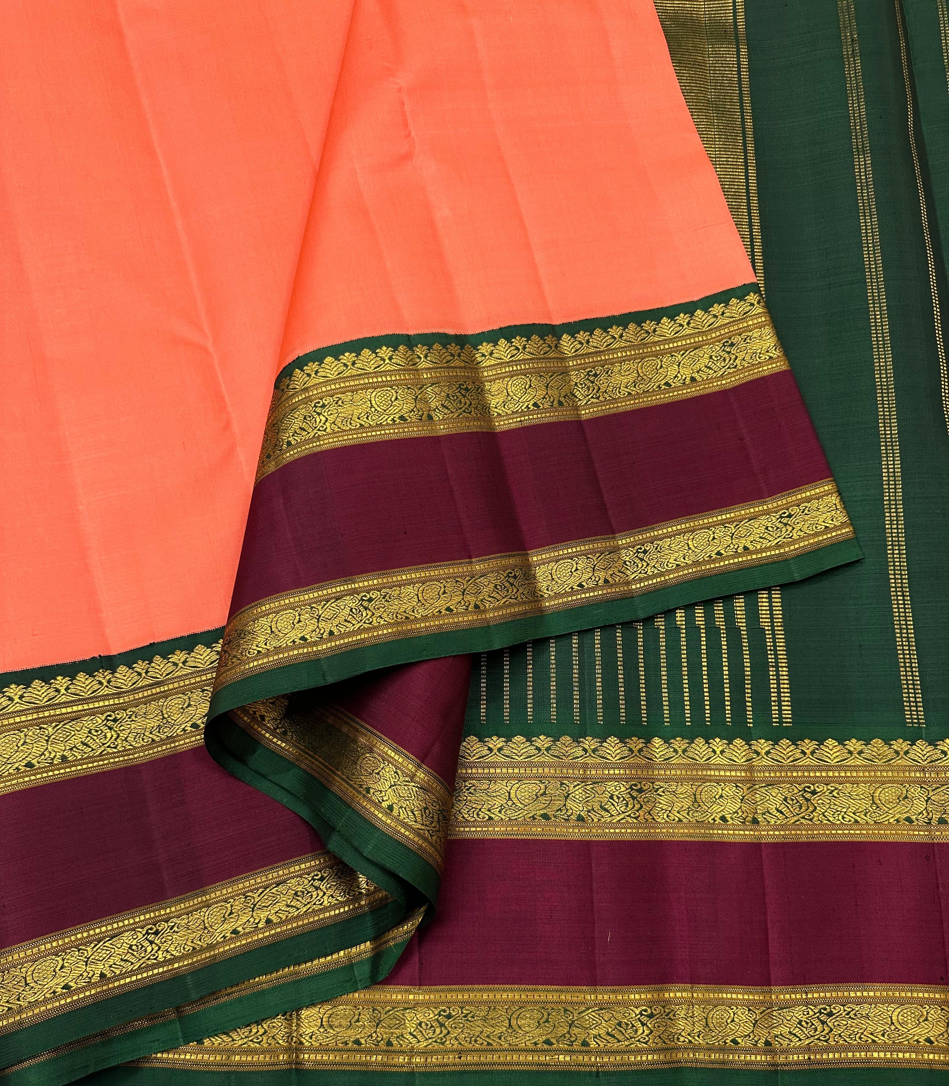 Classic Brick Peach & Sangria Red 2gm Zari Elegance Kanchipuram Handloom Silk Saree SS23553