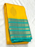 Load image into Gallery viewer, Classic Sunny Yellow &amp; Turquoise Green 2gm Zari Elegance Kanchipuram Handloom Silk Saree SS24527
