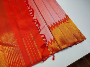 Classic Pastel Rose Pink & Chilli Red Elegance Kanchipuram Handloom Silk Saree SS24830