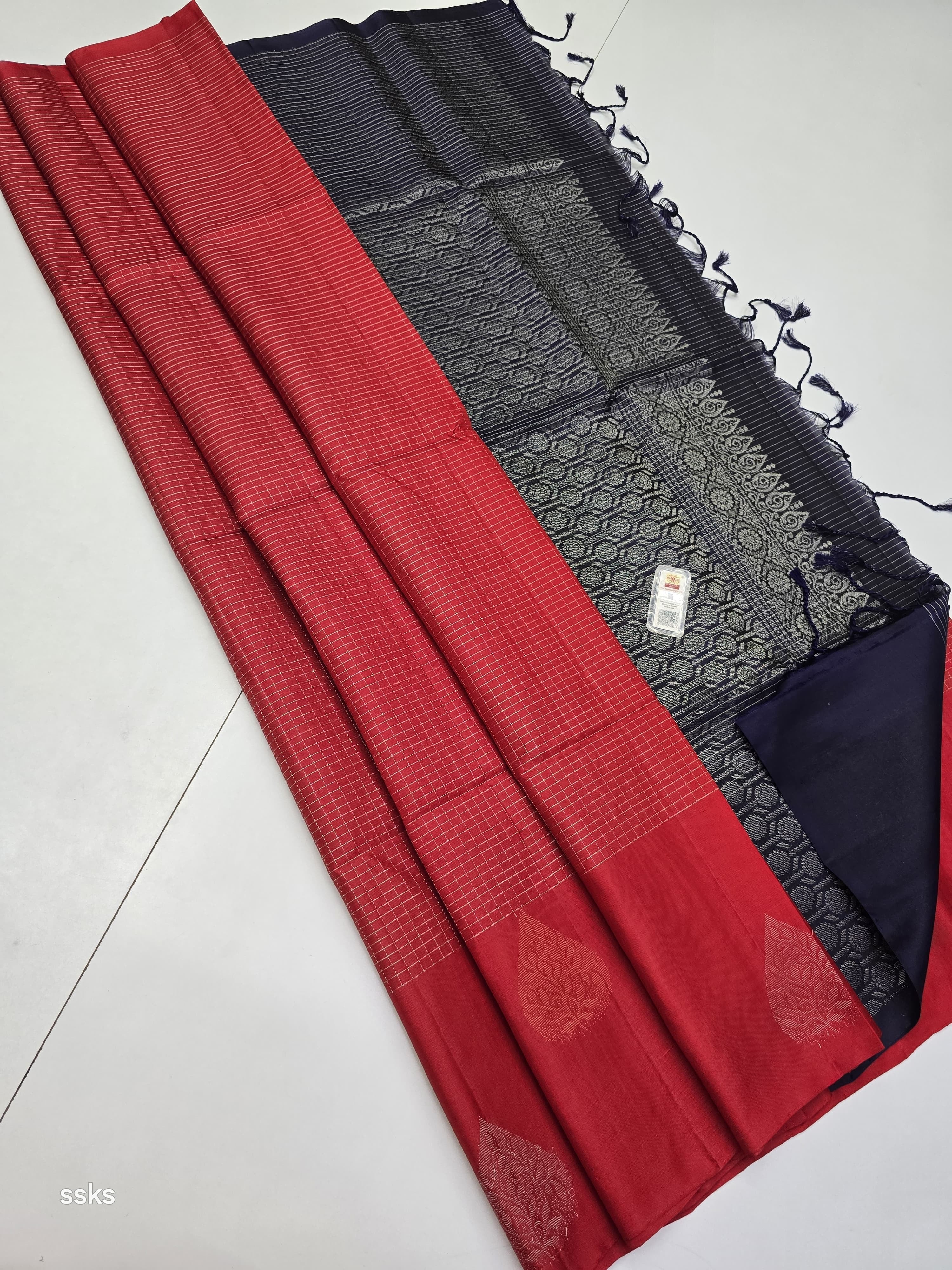 Classic Tomato Red & Steel Blue Elegance Handloom Soft Silk Saree SS25670