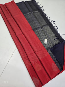 Classic Tomato Red & Steel Blue Elegance Handloom Soft Silk Saree SS25670