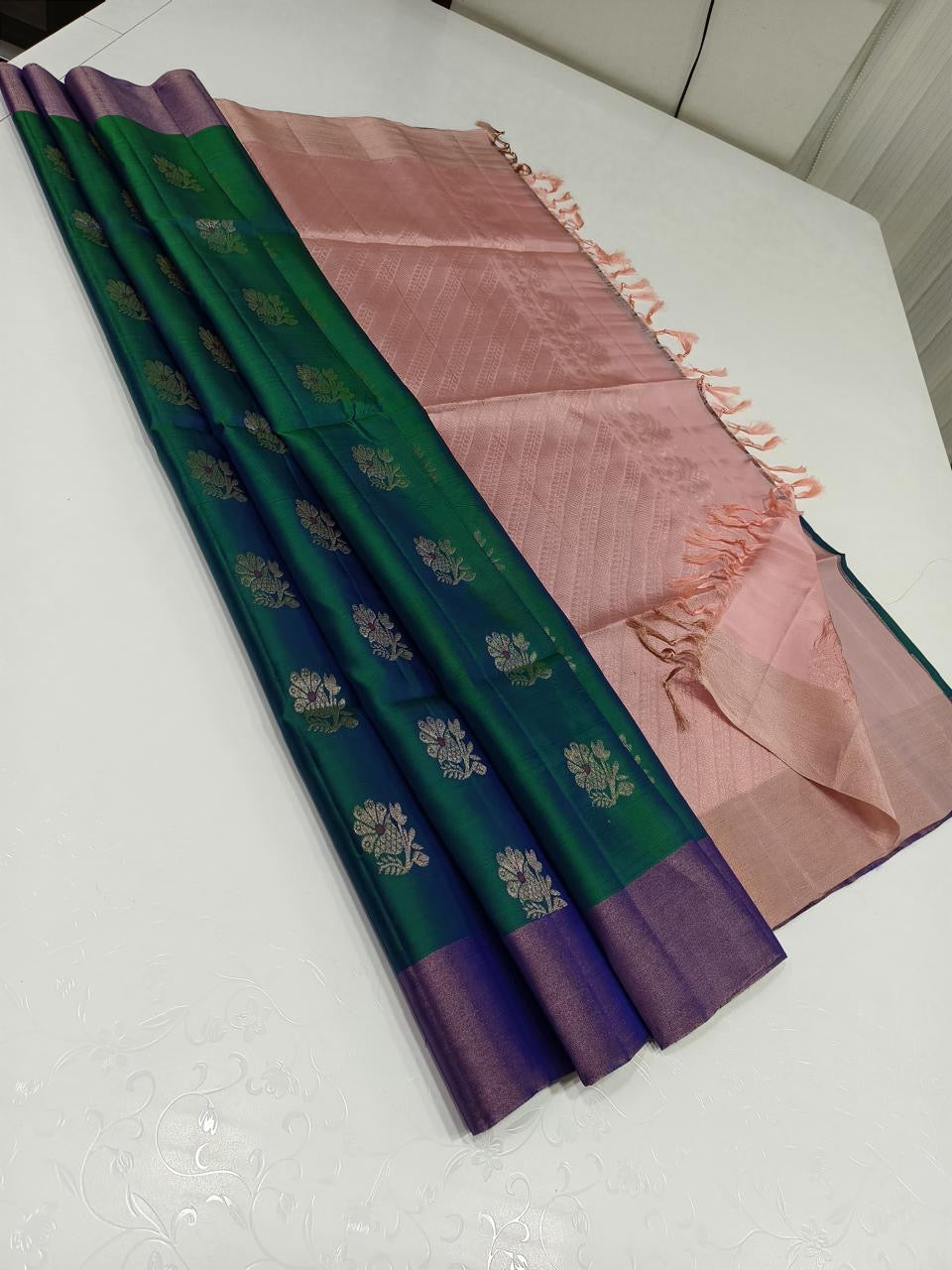 Classic Peacock Green & Rose Elegance Handloom Soft Silk Saree SS25599