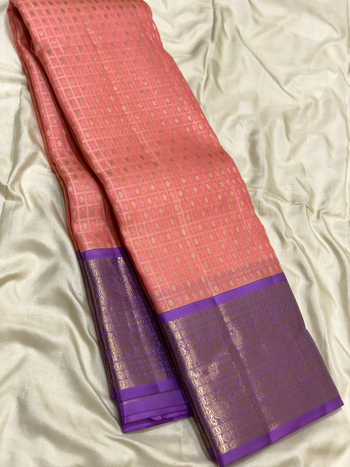 Classic Peach & Lavender 1gm Zari Kanchipuram Handloom Silk Saree SS25808