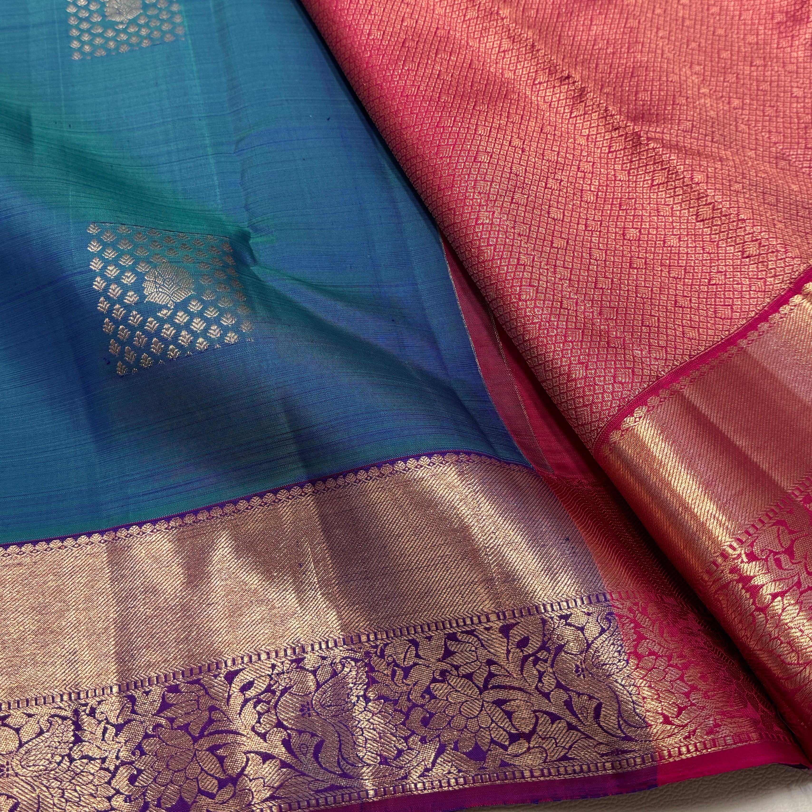 Classic Peacock Blue & Deep Pink Elegance Kanchipuram Handloom Silk Saree SS23592