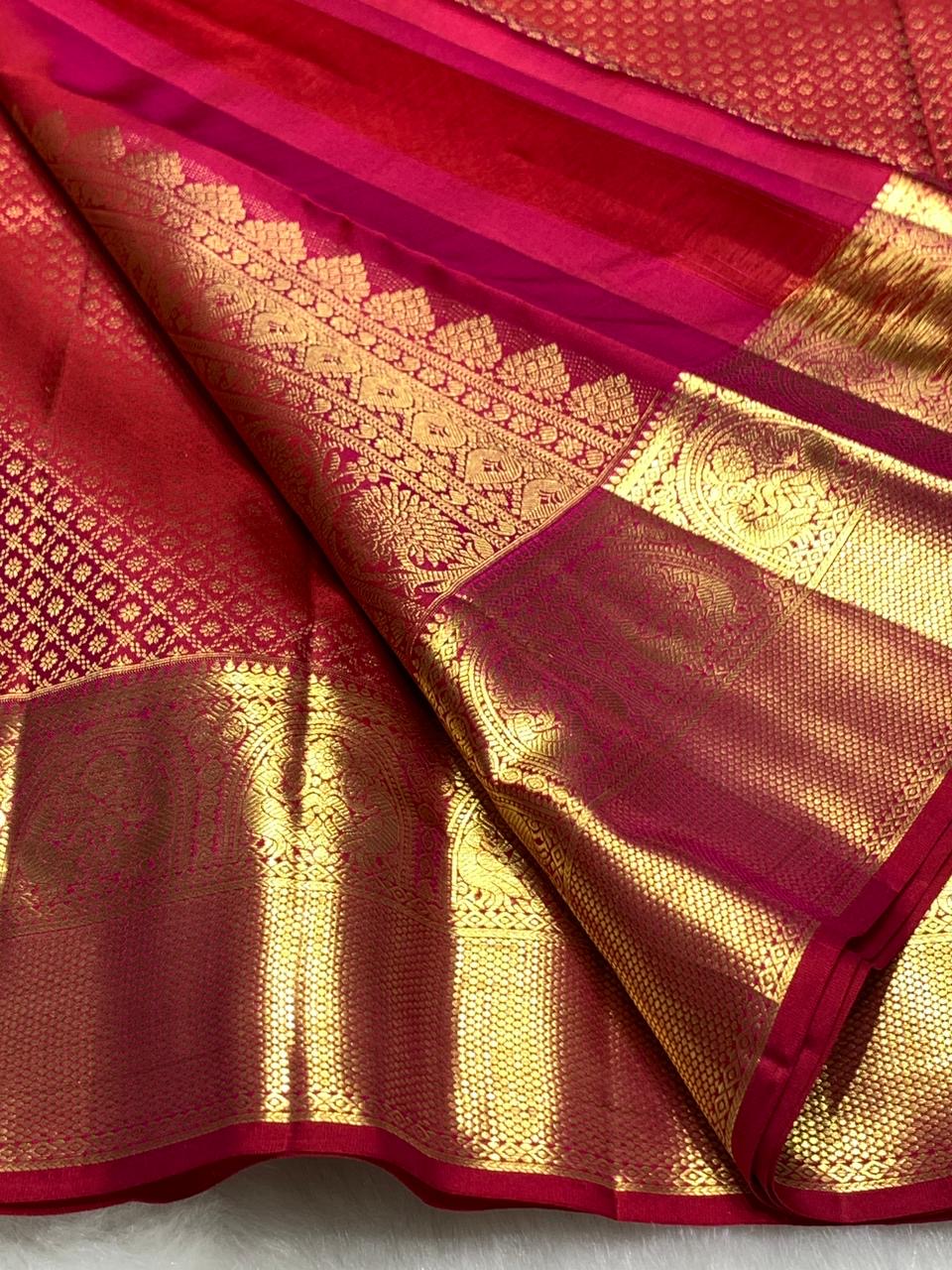 Classic Pinkish Red 2gm Zari Bridal Elegance Kanchipuram Handloom Silk Saree SS25431