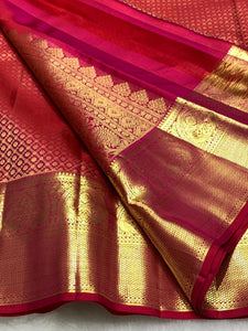 Classic Pinkish Red 2gm Zari Bridal Elegance Kanchipuram Handloom Silk Saree SS25431