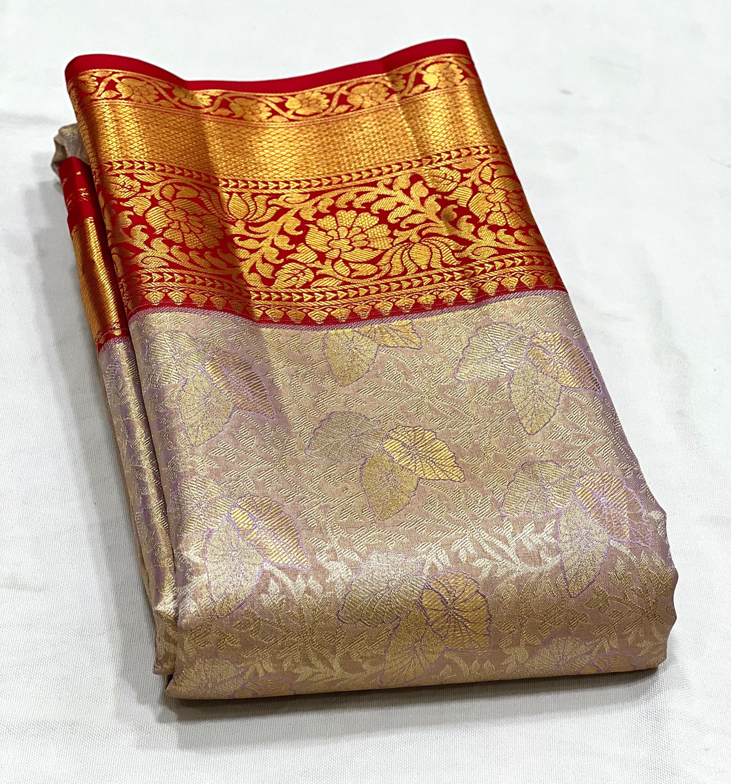 Classic Beige & Crimson Red 1gm Zari Bridal Elegance Kanchipuram Handloom Silk Saree SS24110