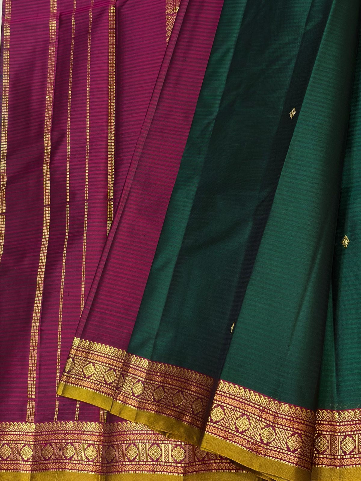 Classic Bottle Green & Wine Red Traditional Butta Kanchipuram Handloom Silk Saree SS26591