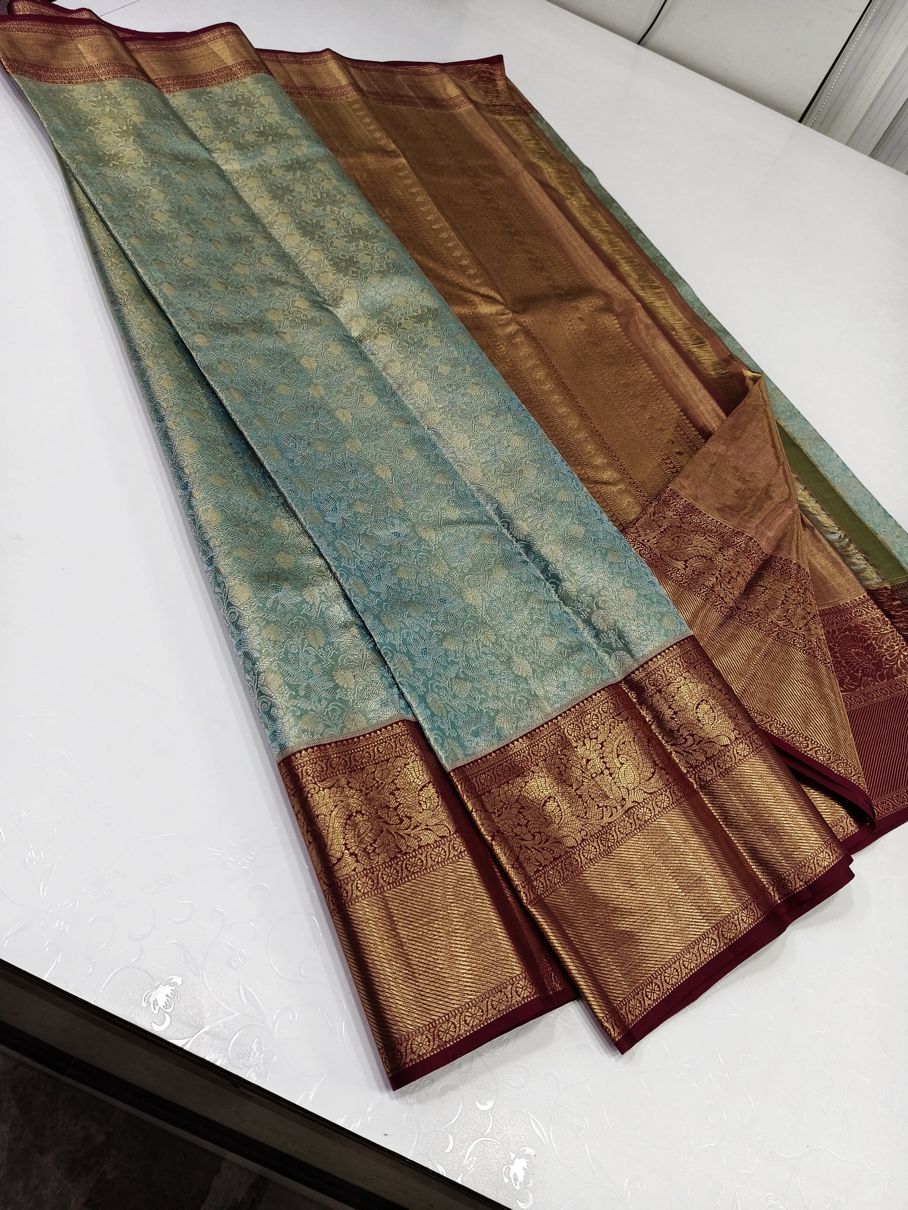 Classic Ice Blue & Deep Plum 2gm Zari Bridal Elegance Kanchipuram Handloom Silk Saree SS24170