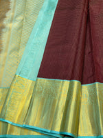 Load image into Gallery viewer, Classic Dark Chocolate &amp; Ice Blue 1gm Zari Vaira Oosi Checks Elegance Kanchipuram Handloom Silk Saree SS25497
