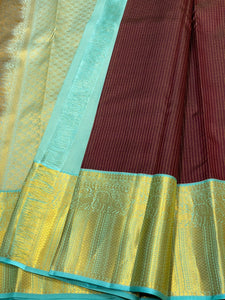 Classic Dark Chocolate & Ice Blue 1gm Zari Vaira Oosi Checks Elegance Kanchipuram Handloom Silk Saree SS25497