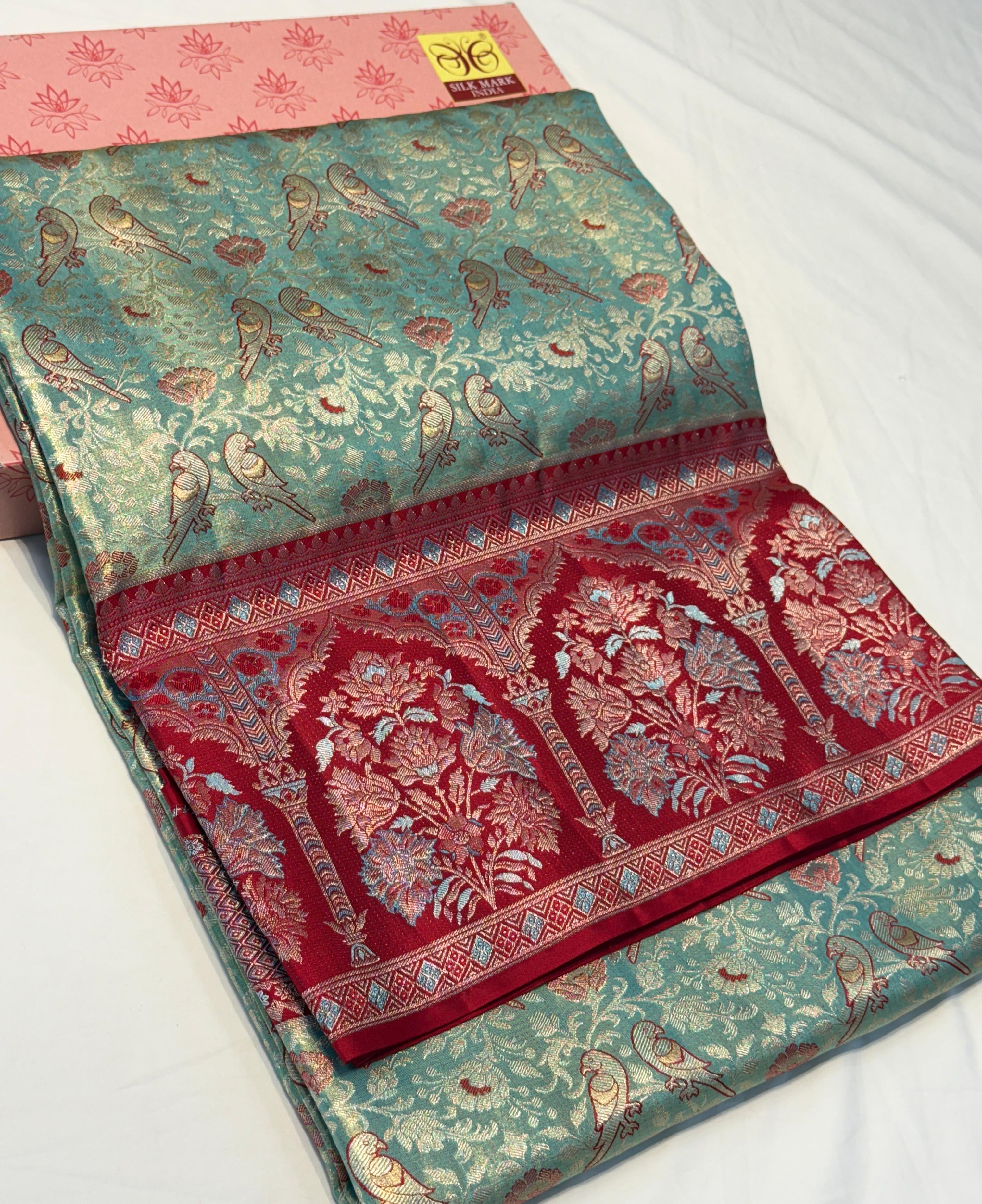 Classic Sky Blue & Ruby Red Bridal Elegance Kanchipuram Tissue Handloom Silk Saree SS24677