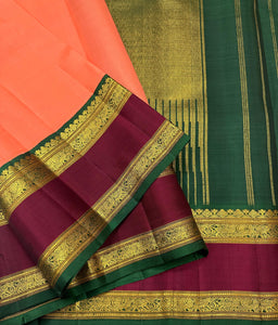 Classic Brick Peach & Sangria Red 2gm Zari Elegance Kanchipuram Handloom Silk Saree SS23553