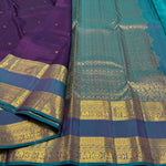 Load image into Gallery viewer, Classic Berry Violet &amp; Teal Blue Vaira Oosi 1gm Zari Elegance Kanchipuram Handloom Silk Saree SS23584
