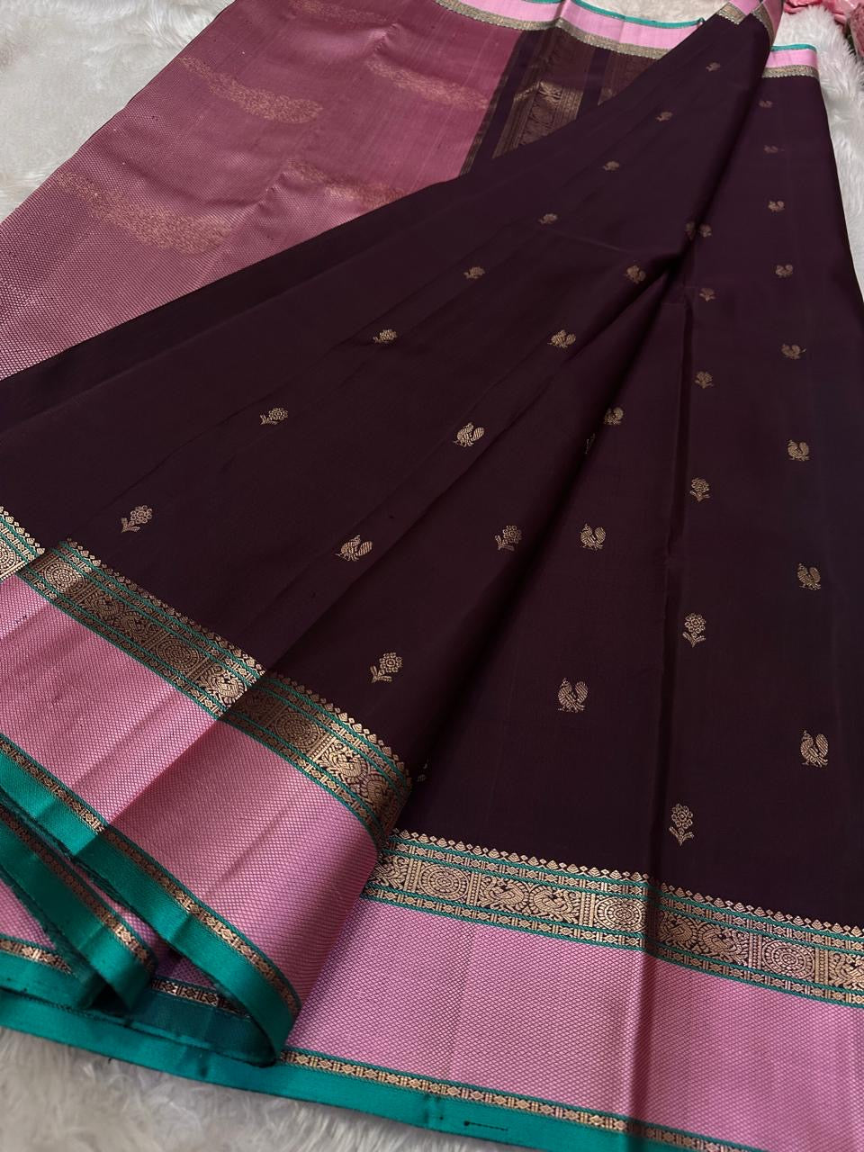 Classic Dark Espresso Brown & Pink 2gm Zari Elegance Kanchipuram Silk Saree SS23949