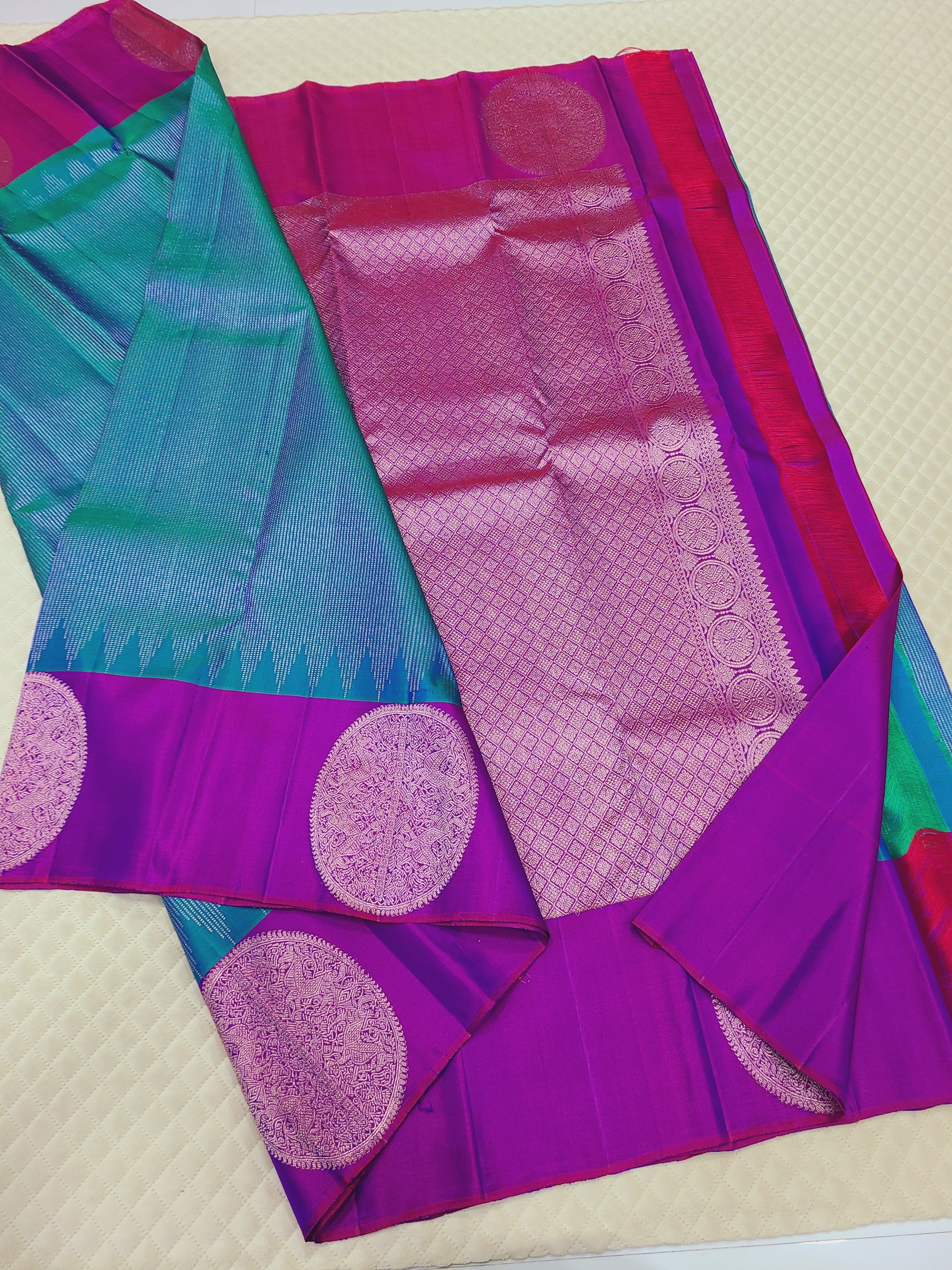 Classic Peacock Blue & Wine Purple 2gm Zari Kanchipuram Handloom Silk Saree SS26195