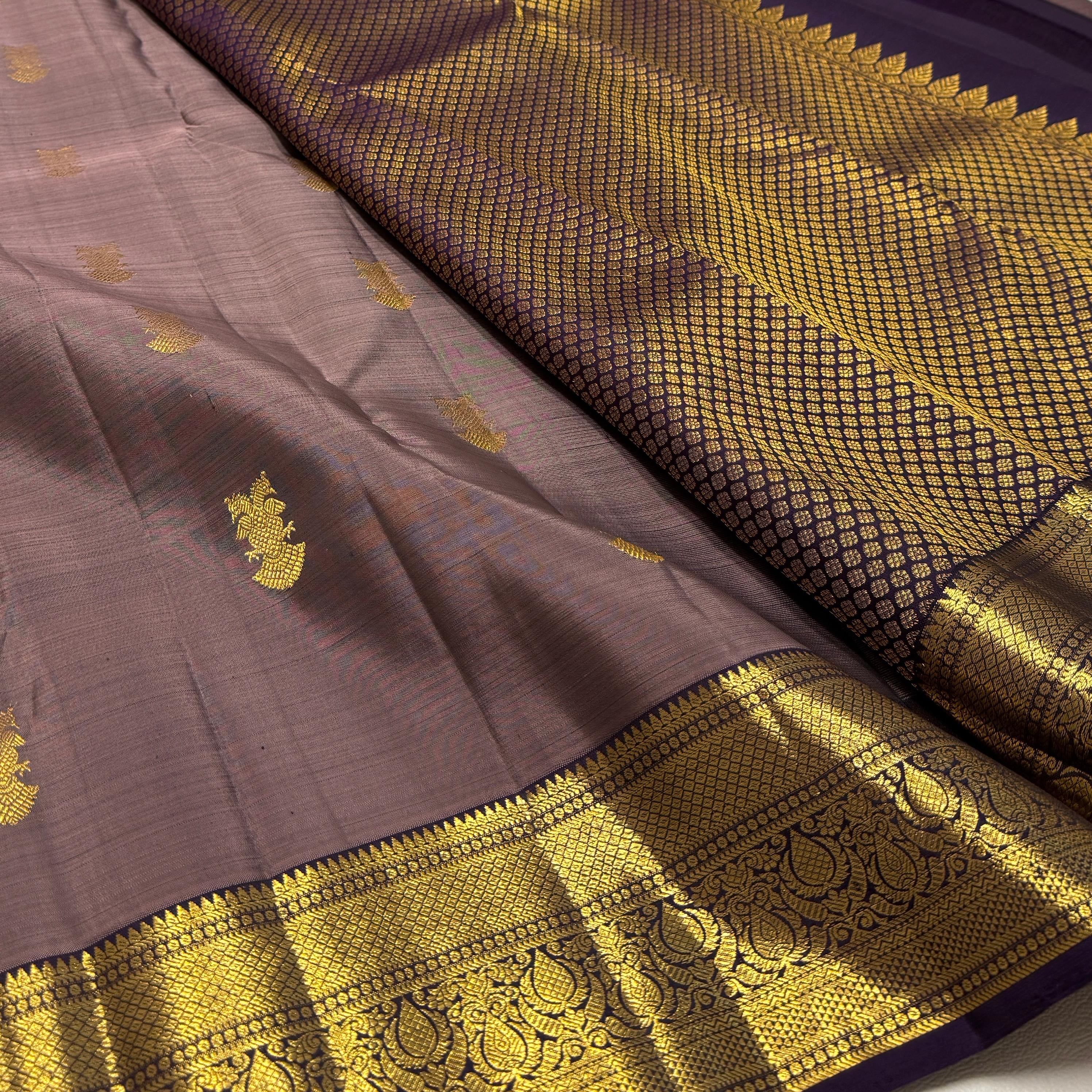 Classic Cocoa Chocolate & Eminence Purple 2gm Zari Kanchipuram Handloom Silk Saree SS26054
