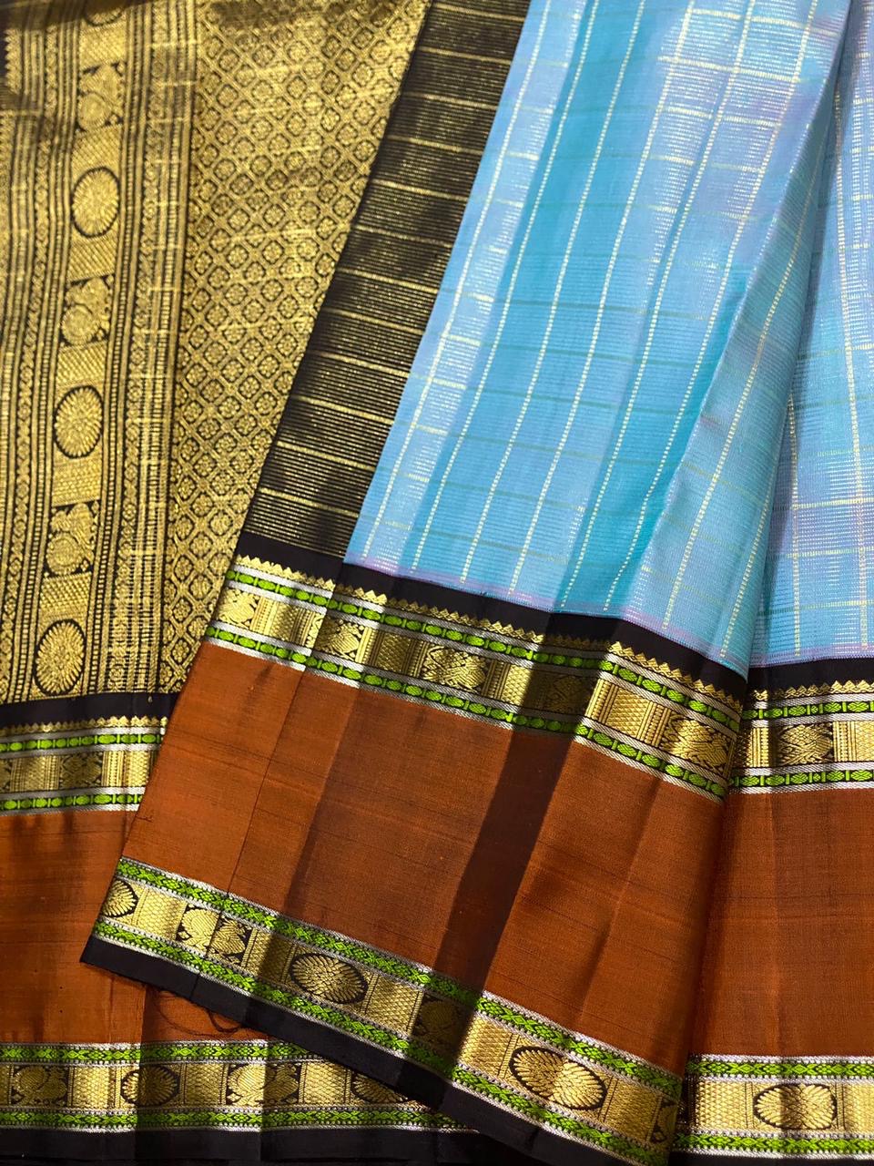Classic Cornflower Blue & Caramel Brown 2gm Zari Vaira Oosi Checks Butta Kanchipuram Handloom Silk Saree SS26321