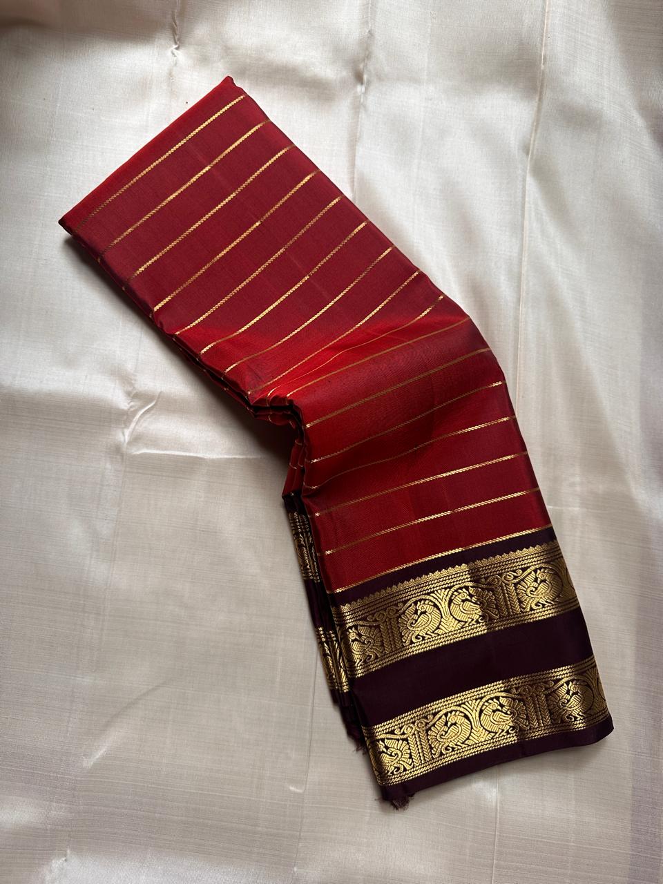 Classic Brick Orange & Dark Espresso Coffee Brown 2gm Zari Beldari Kanchipuram Handloom Silk Saree SS26422