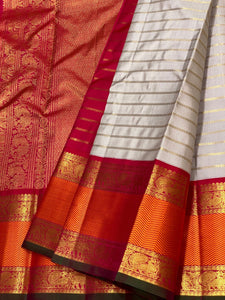 Classic Pastel Grey & Chilli Red 3gm Zari Vaira Oosi Beldari Design Elegance Kanchipuram Handloom Silk Saree SS24444