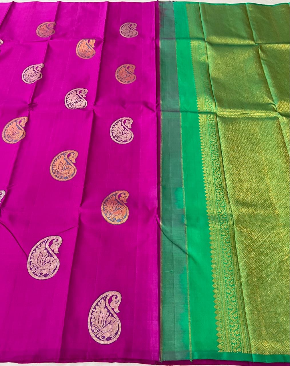 Classic Rhubarb Pink & Green 2gm Zari Elegance Handloom Soft Silk Saree SS24130