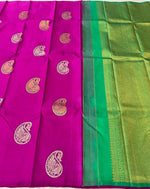 Load image into Gallery viewer, Classic Rhubarb Pink &amp; Green 2gm Zari Elegance Handloom Soft Silk Saree SS24130
