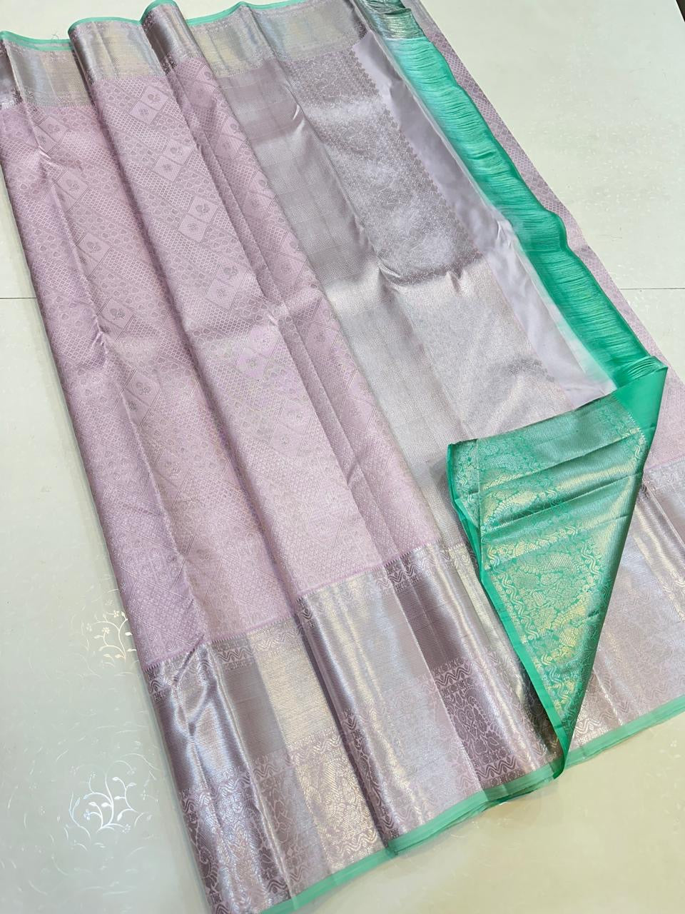 Classic Pastel Pink Tint & Sea Green Silver Zari Bridal Elegance Kanchipuram Handloom Silk Saree SS23576