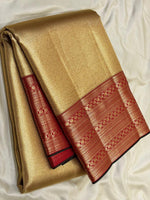 Load image into Gallery viewer, Classic Full Gold &amp; Barn Red Diagonal Rectangular Design Brocade 2gm Zari Bridal Elegance Kanchipuram Handloom Silk Saree SS27410
