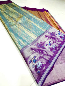 Classic Sky Blue & Vadamalli 4D designed Bridal Elegance Kanchipuram Handloom Silk Saree SS24777