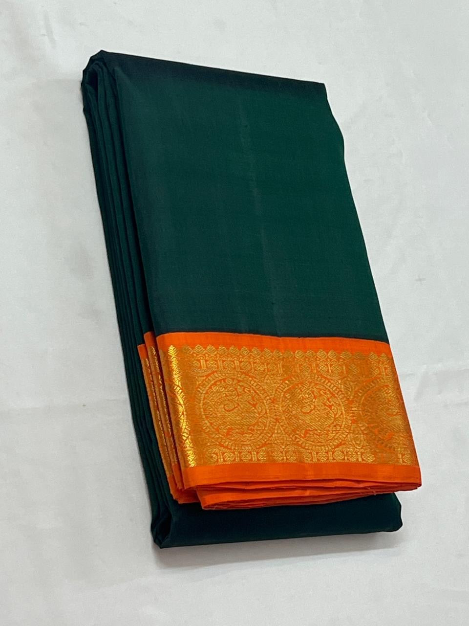 Classic Pine Green & Orange 2gm Zari Elegance Kanchipuram Handloom Silk Saree SS24706