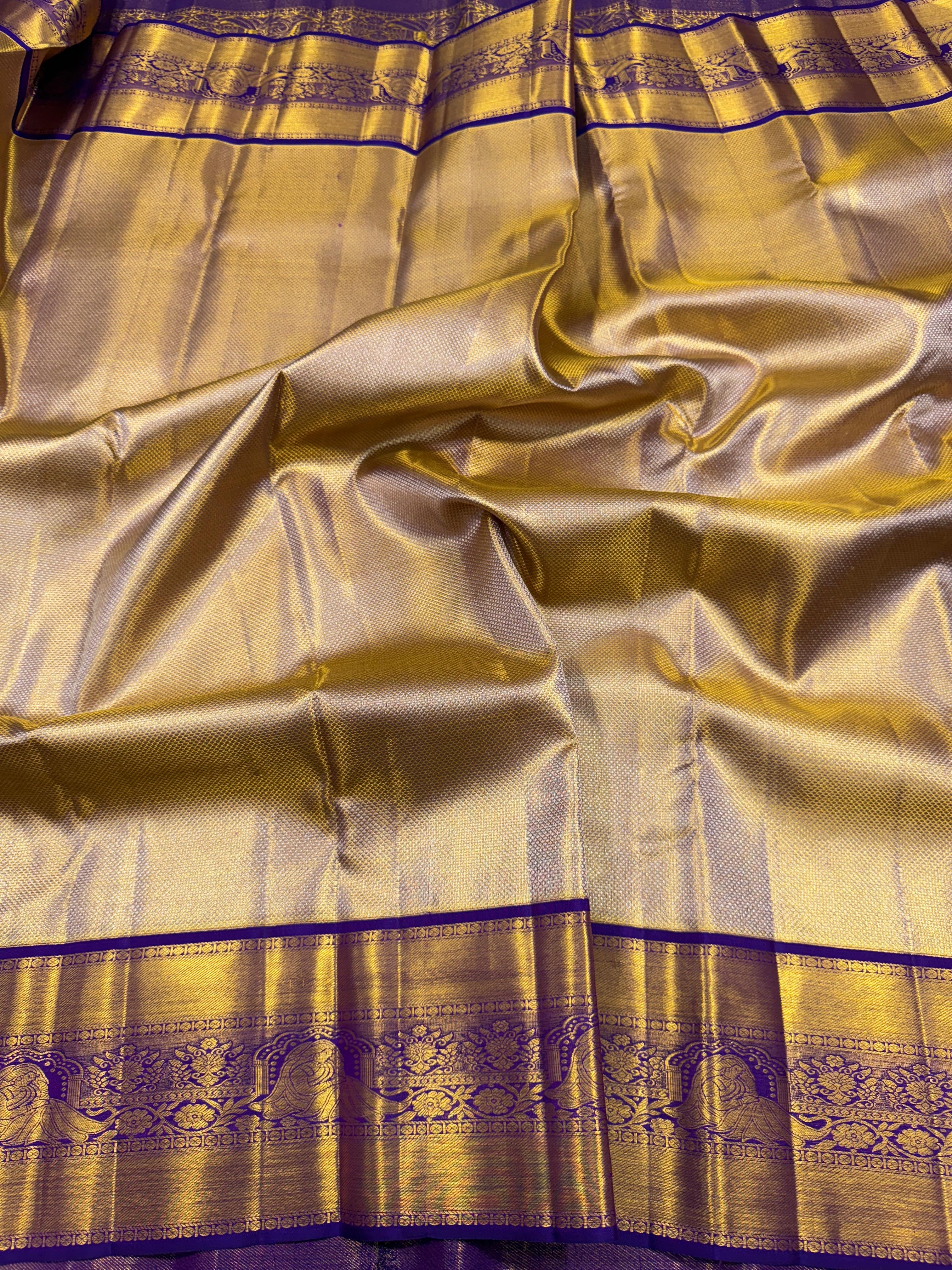 Classic Gold & Navy Blue 2gm Zari Tissue Elegance Kanchipuram Handloom Silk Saree SS24255