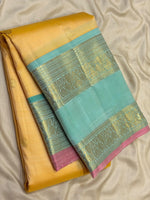 Load image into Gallery viewer, Classic Lemon Yellow &amp; Aqua 2gm Zari Elegance Kanchipuram Handloom Silk Saree SS28281
