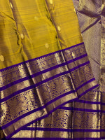 Load image into Gallery viewer, Classic Mustard Yellow &amp; Violet Long Border Vintage Elegance Kanchipuram Handloom Silk Saree SS27185
