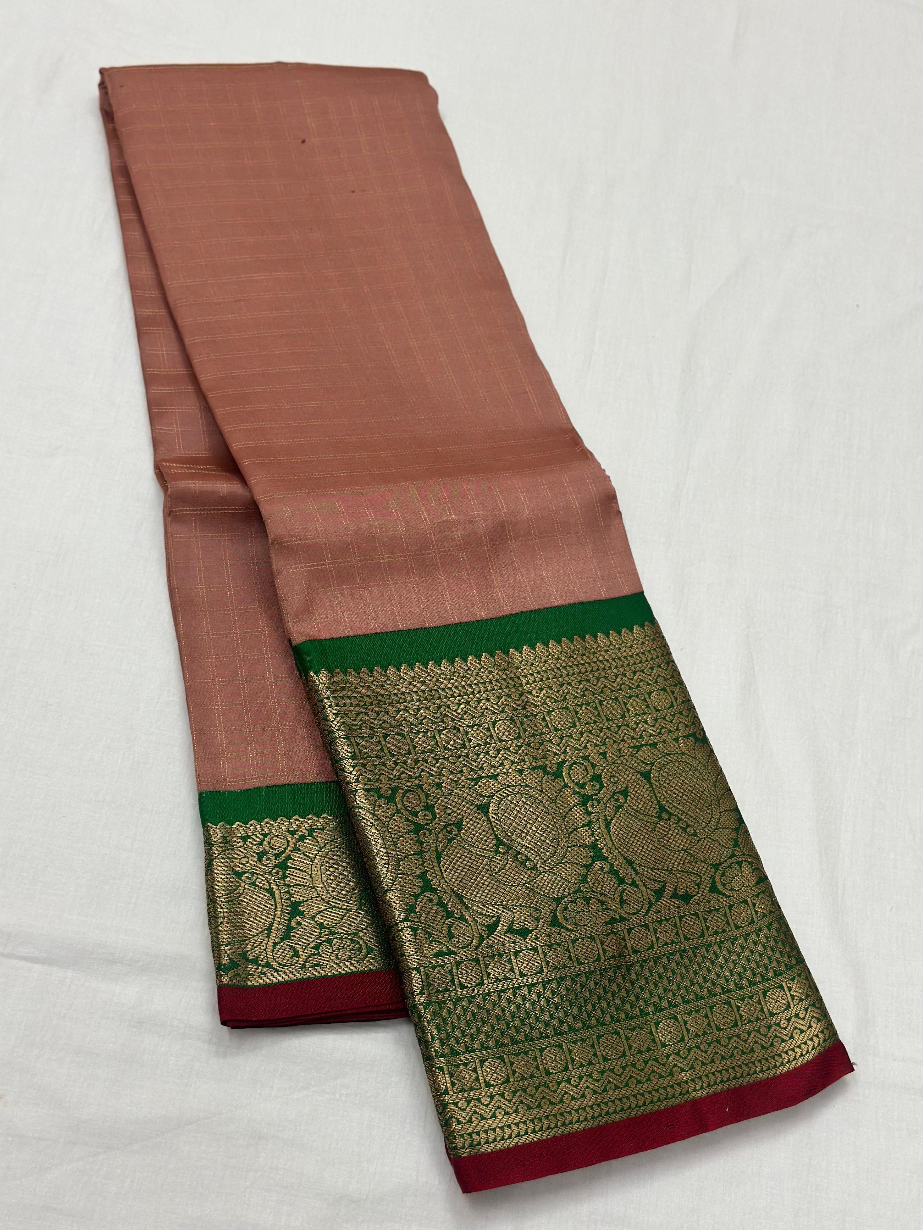 Classic Dusky Rose &  Dark Green 1gm Zari Elegance Kanchipuram Handloom Silk Saree SS25158