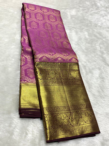 Classic Creamy Pink & Mahogany Red 2gm Zari Kanchipuram Handloom Silk Saree SS26004