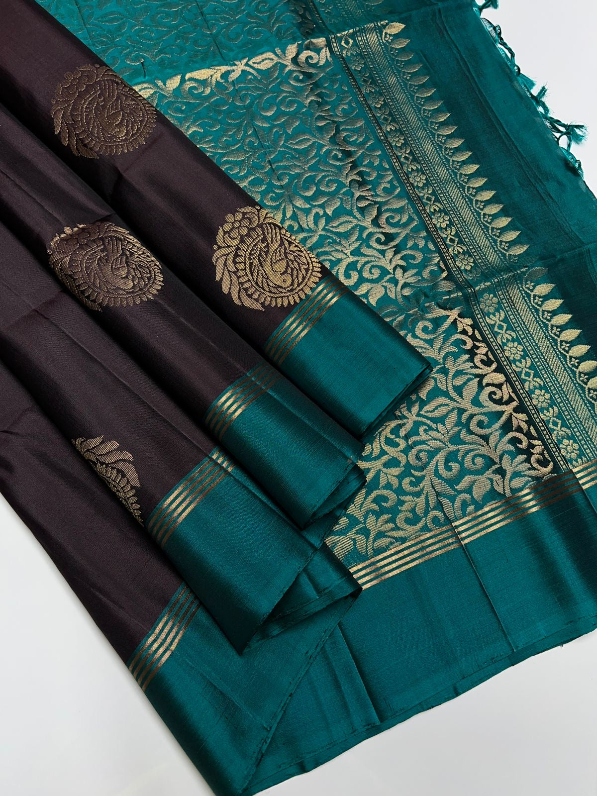 Classic Charcoal Black & Persian Green Elegance Handloom Soft Silk Saree SS25752
