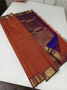 Classic Burnt Orange & Purple Blue 2gm Zari Elegance Kanchipuram Handloom Silk Saree SS24335