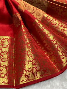 Classic Carmine Red 2gm Zari Bridal Elegance Kanchipuram Handloom Silk Saree SS25766