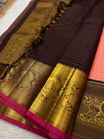 Load image into Gallery viewer, Classic Pastel Rose &amp; Espresso Brown 2gm Zari Elegance Kanchipuram Handloom Silk Saree SS23739
