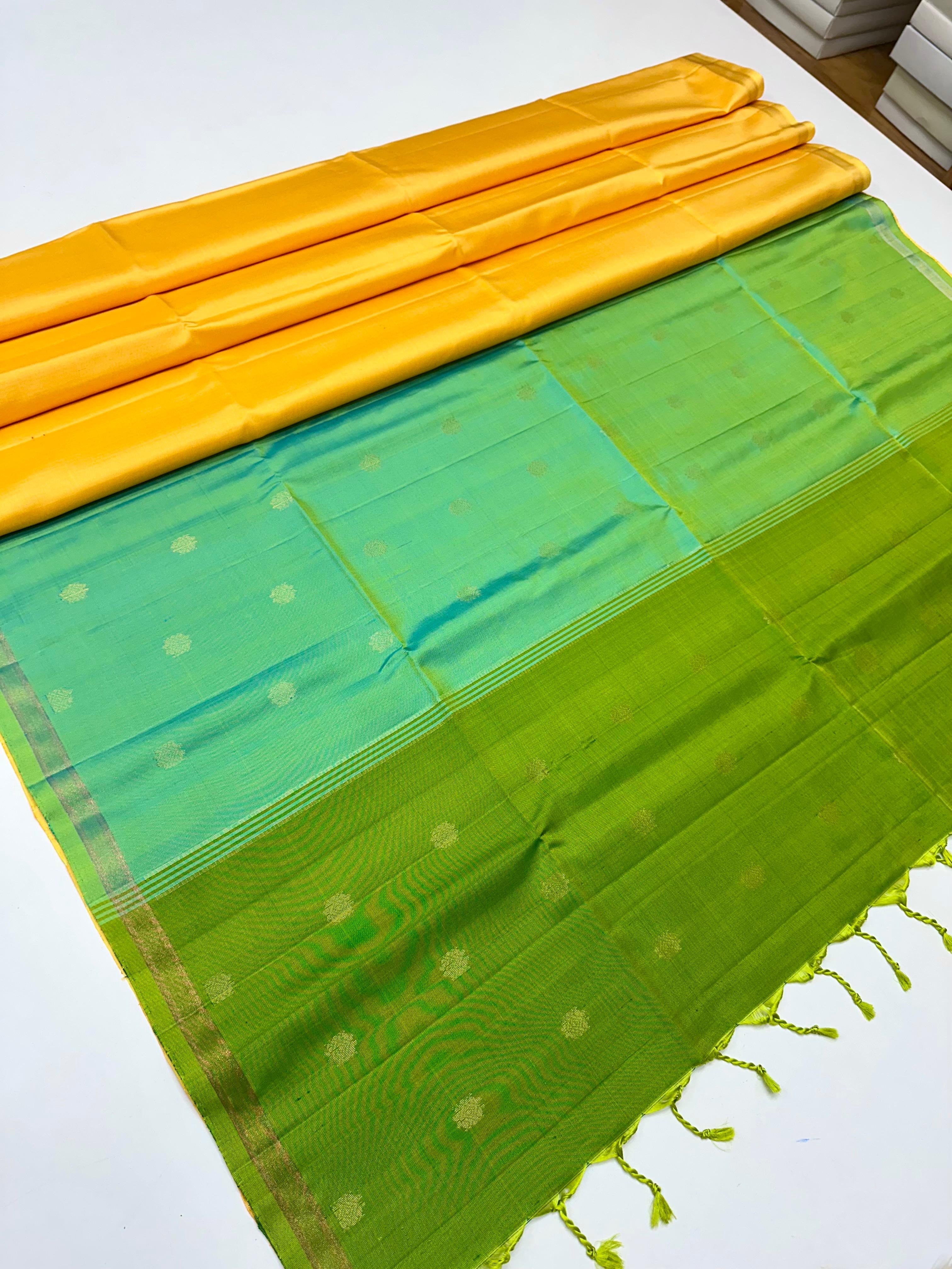Classic Golden Yellow & Light Green Elegance Handloom Soft Silk Saree SS26531