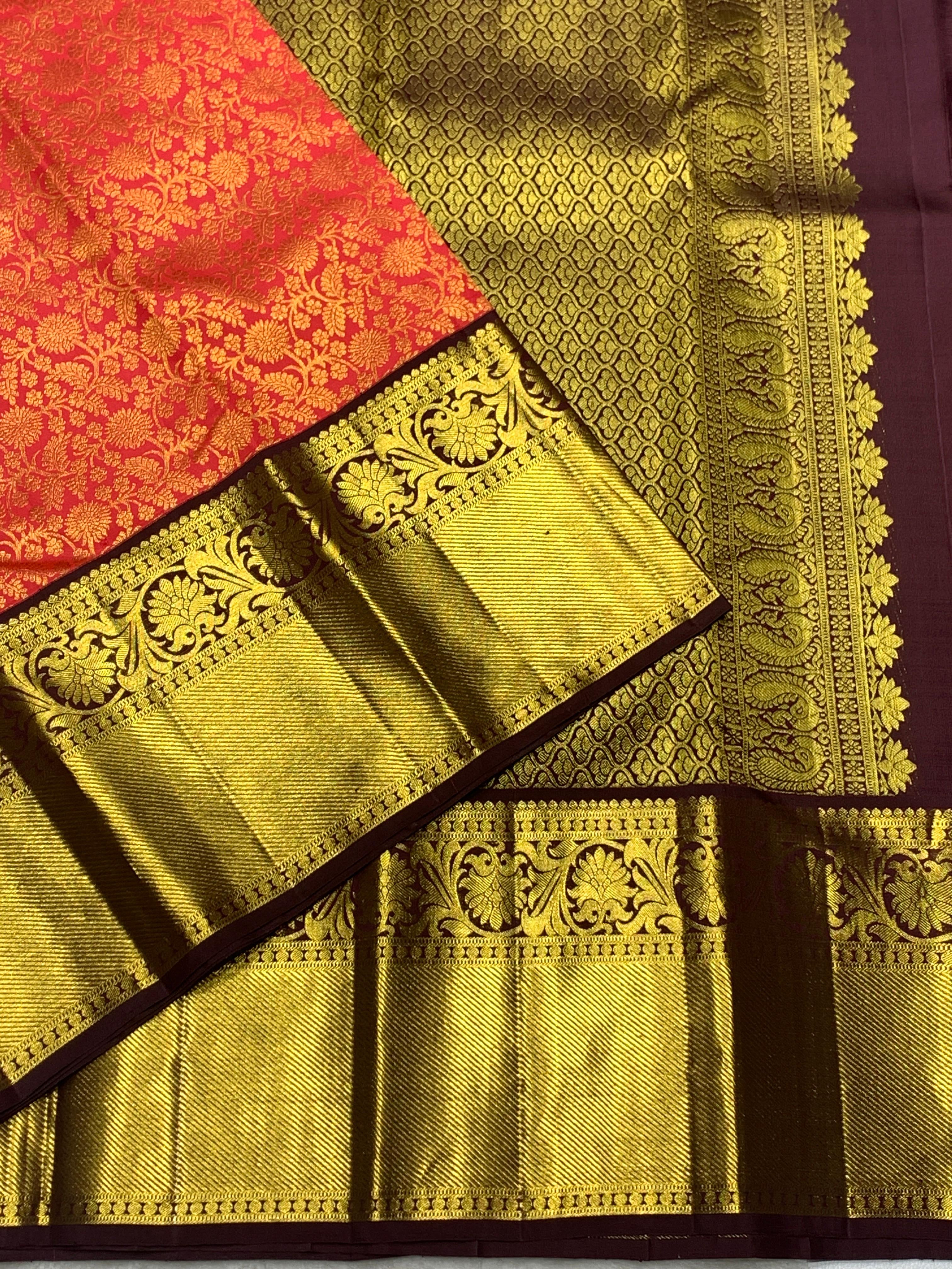 Classic Orange & Coffee Brown 2gm Zari Bridal Elegance Kanchipuram Handloom Silk Saree SS25831