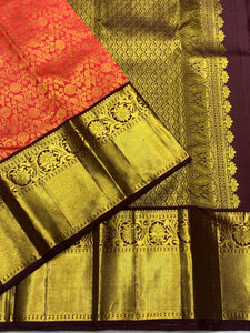 Classic Orange & Coffee Brown 2gm Zari Bridal Elegance Kanchipuram Handloom Silk Saree SS25831