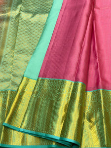 Classic Creamy Rose & Ice Blue 1gm Zari Vaira Oosi Checks Elegance Kanchipuram Handloom Silk Saree SS25498