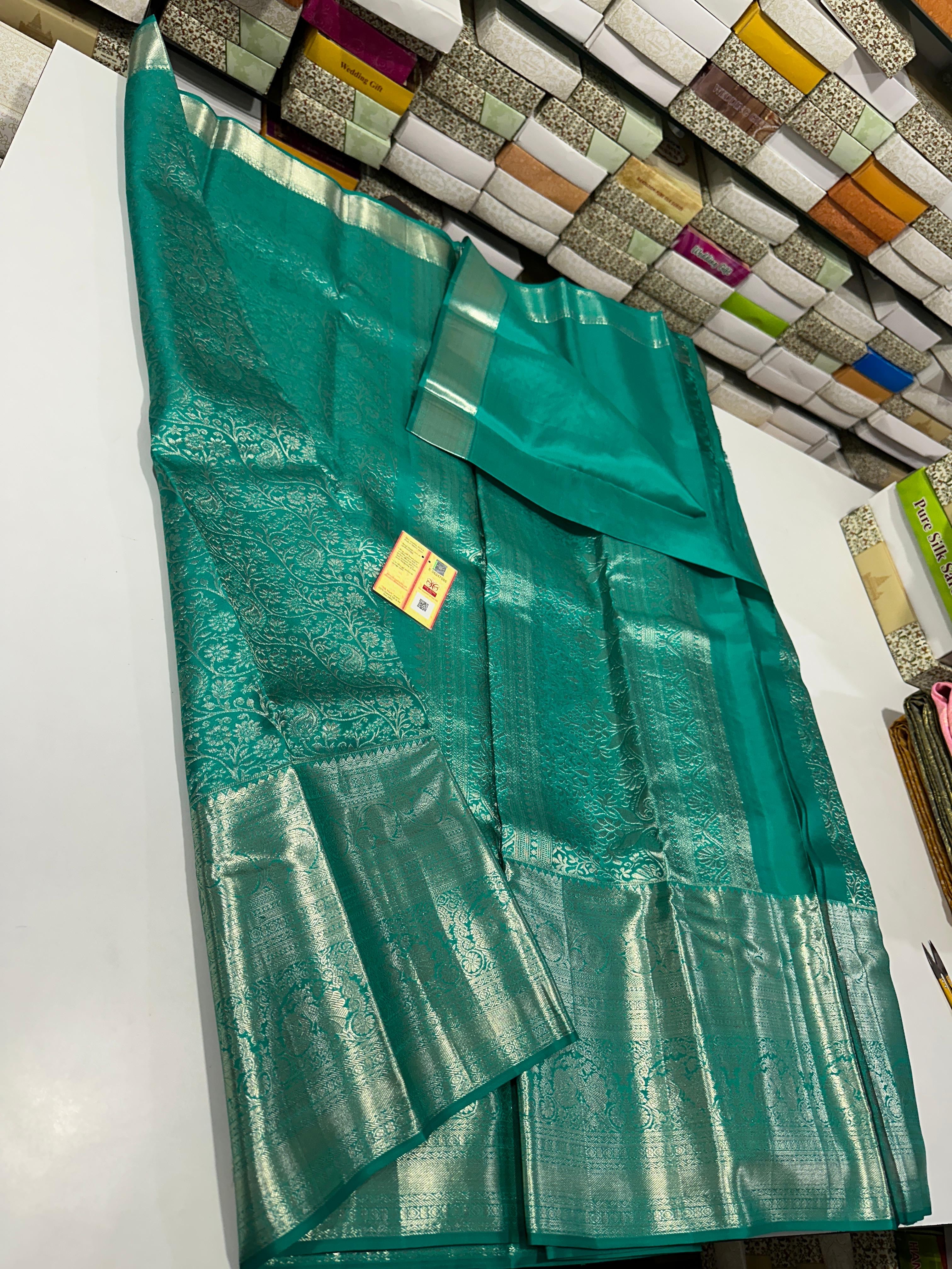 Classic Jade Green Brocade Bridal Elegance Kanchipuram Tissue Handloom Silk Saree SS23725